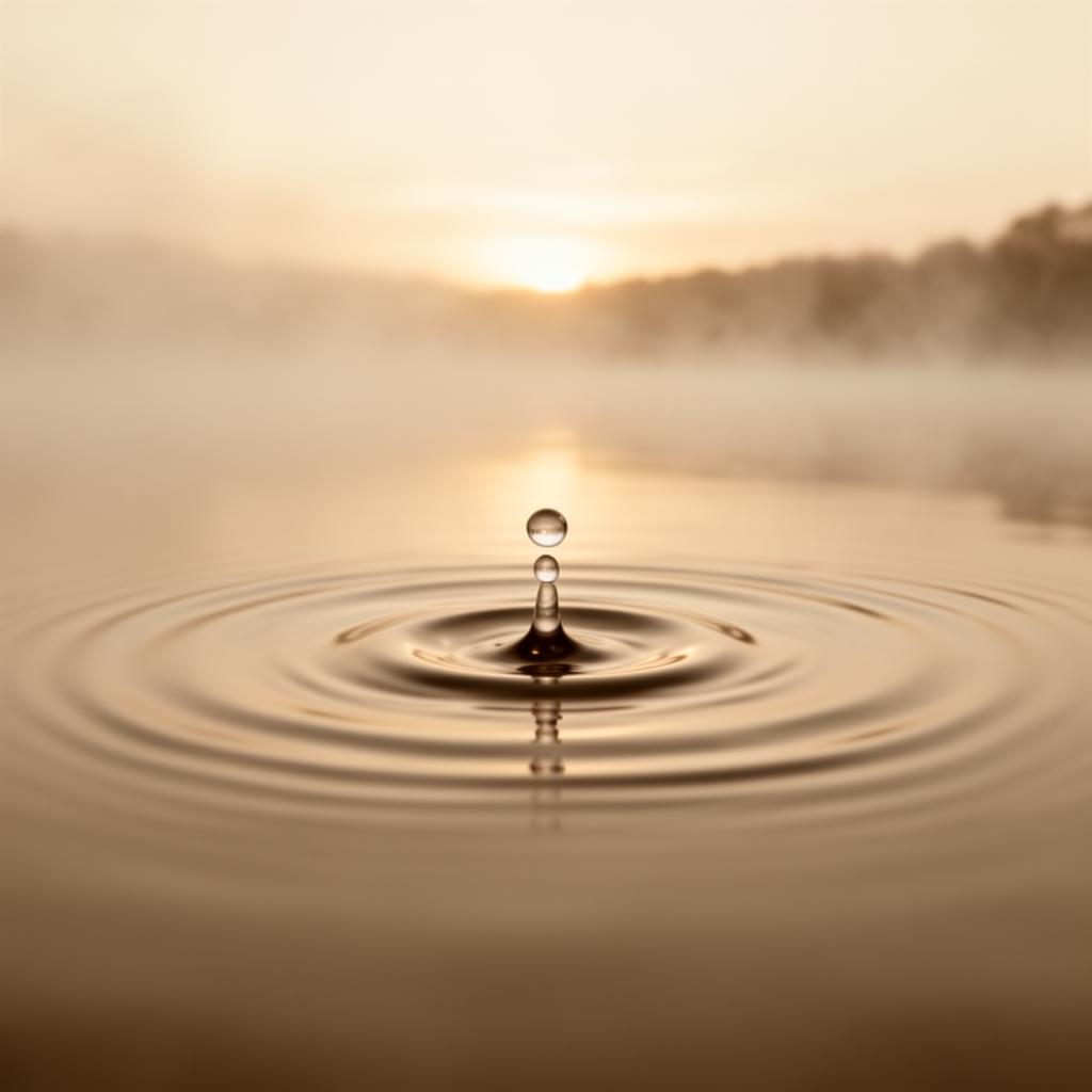 A single droplet meeting the surface of still water — concentric ripples spreading outward.